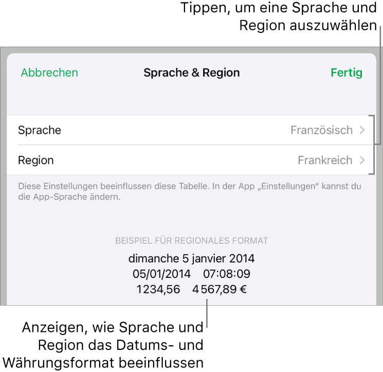 Das Fenster „Sprache & Region“ mit Einblendmenüs für Sprache und Region sowie einem Formatierungsbeispiel für Datum, Uhrzeit, Dezimalstellen und Währung.