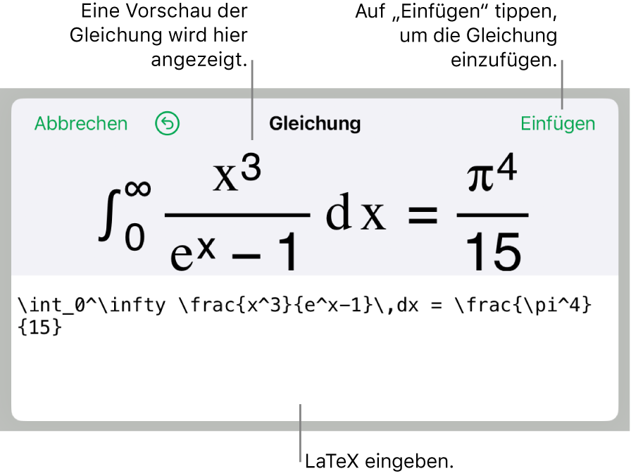 Im Dialogfenster „Gleichung“ wird eine Gleichung angezeigt, die mit LaTex-Befehlen geschrieben wurde, darüber wird eine Vorschau der Formel angezeigt.