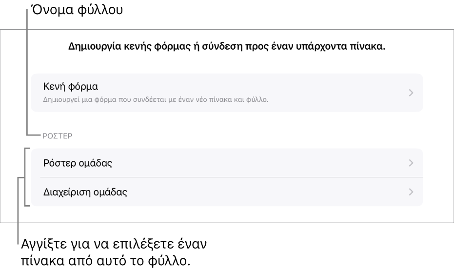 Μια λίστα πινάκων που βρίσκονται στο ίδιο υπολογιστικό φύλλο με την επιλογή δημιουργίας μιας κενής φόρμας στο πάνω μέρος.