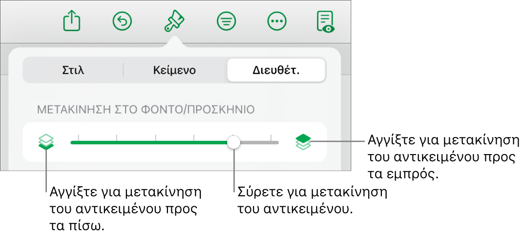 Το κουμπί Μετακίνησης προς τα πίσω, το κουμπί Μετακίνησης προς τα εμπρός, και το ρυθμιστικό διαστρωμάτωσης.