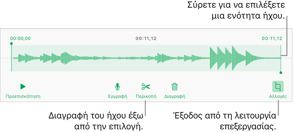 Στοιχεία ελέγχου για επεξεργασία ήχου εγγραφής. Λαβές που υποδεικνύουν την επιλεγμένη ενότητα της εγγραφής και τα κουμπιά «Προεπισκόπηση», «Περικοπή», «Διαγραφή» και «Επεξεργασία» από κάτω.