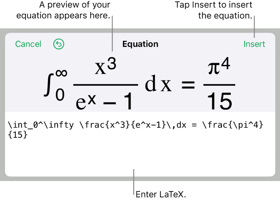 The Equation dialogue, showing an equation written using LaTex commands and a preview of the formula above.