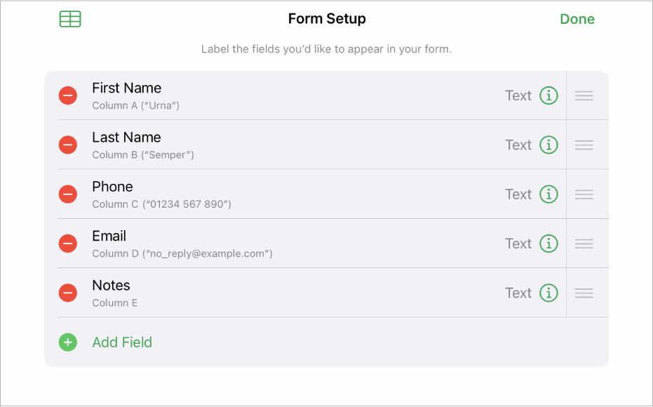 Form setup controls, showing options to add, edit, reorder and delete fields, as well as to change the format of fields (such as from Text to Percentage).