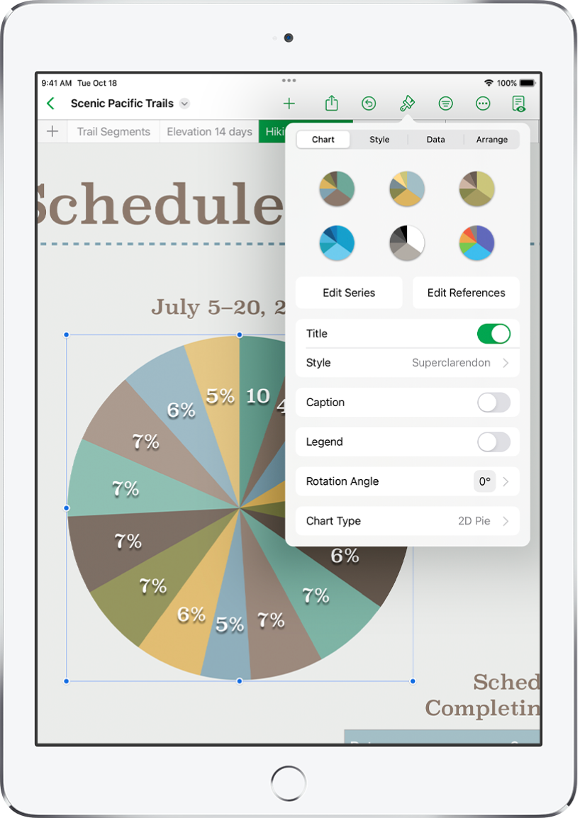 A pie chart showing percentages of trails completed. The Format menu is also open, showing different chart styles to choose from, as well as options to edit the series or chart references, turn the chart title or legend on or off, adjust the rotation angle of the chart, and change the chart type.