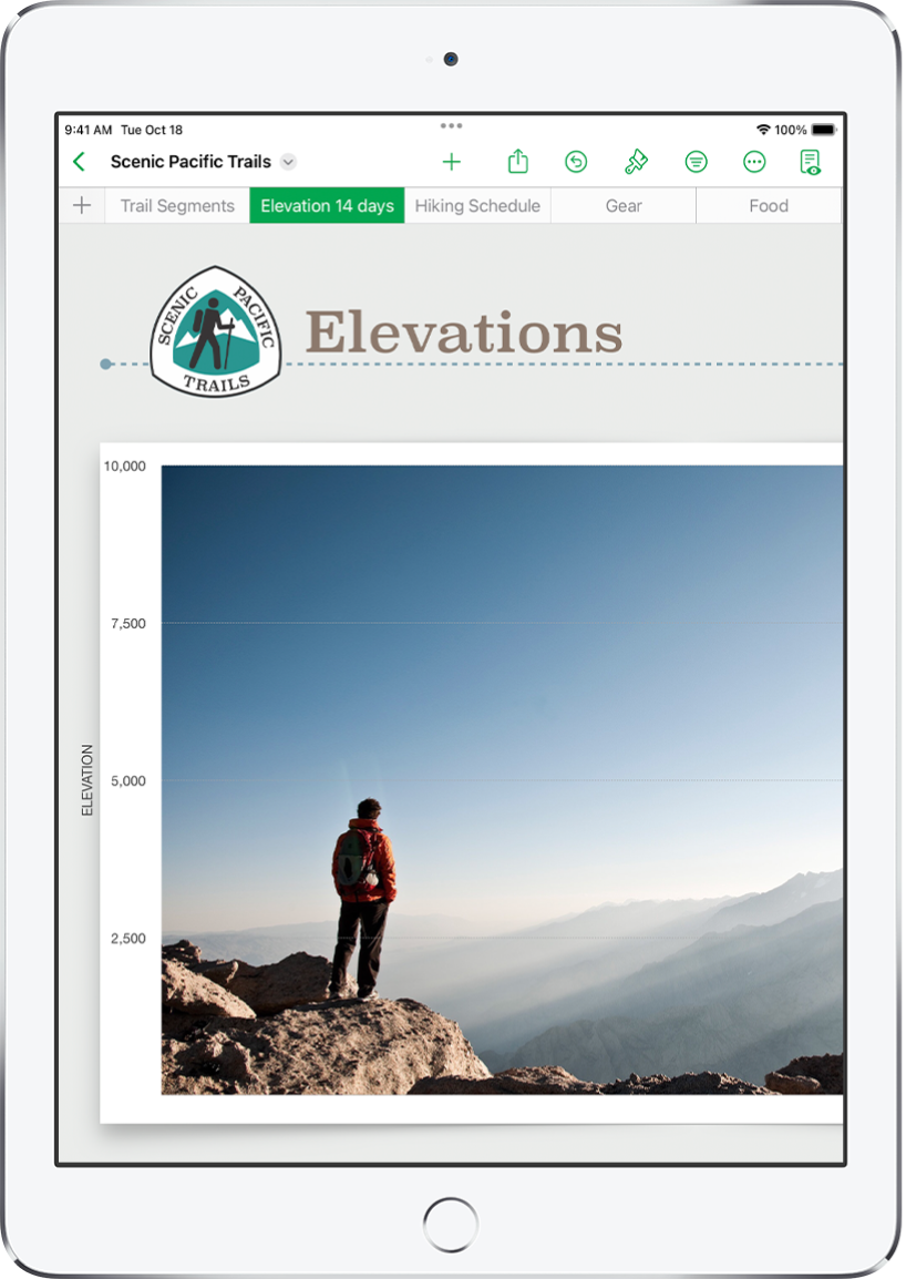 A spreadsheet tracking hiking information, showing sheet names near the top of the screen. The Add Sheet button is on the left, followed by sheet tabs for Elevation, Hiking Schedule, Trail Segments, Gear, and Food.