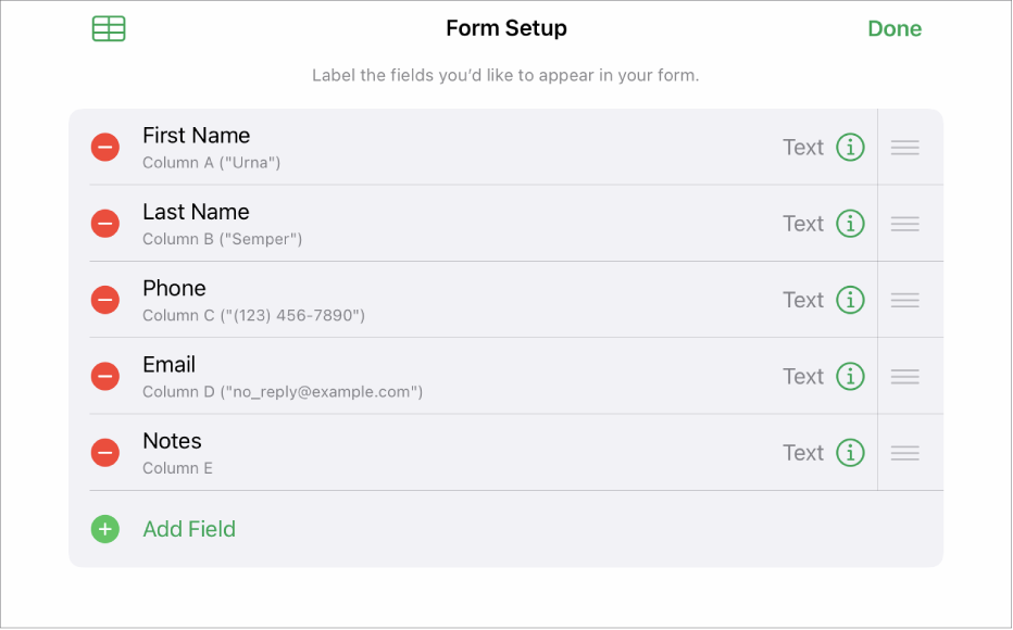Form setup controls, showing options to add, edit, reorder, and delete fields, as well as to change the format of fields (such as from Text to Percentage).