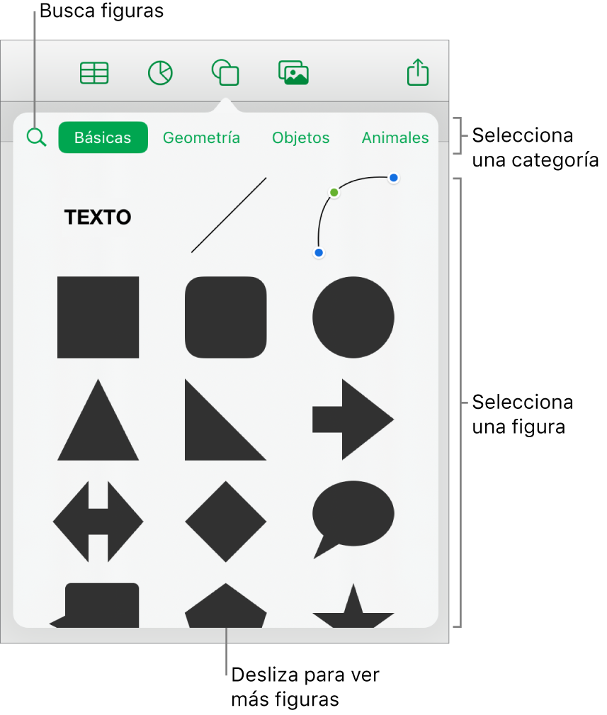 La biblioteca de figuras, con las categorías en la parte superior y las figuras mostradas abajo. Puedes usar el campo de búsqueda de la parte superior para buscar figuras o deslizar para ver más.