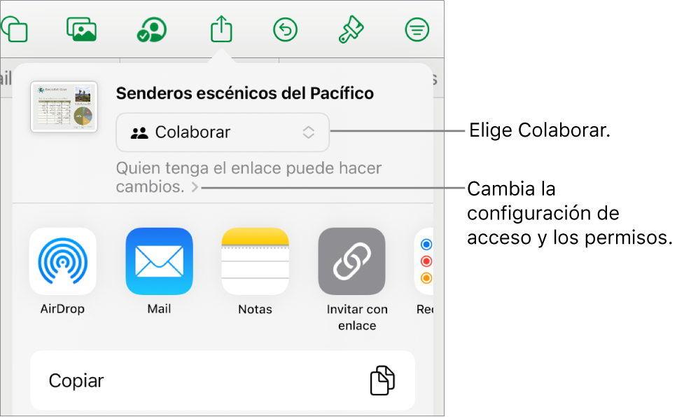 El menú Compartir con la opción Colaborar seleccionada en la parte superior, y la configuración de acceso y permisos debajo.