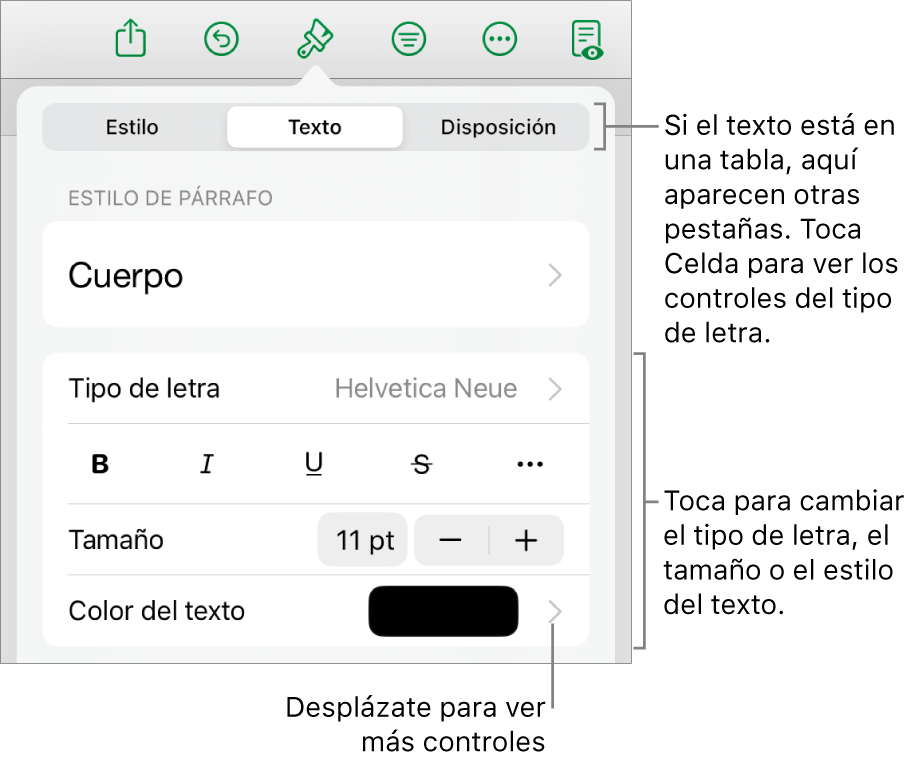 Controles de texto en el menú Formato para configurar los estilos de párrafo y carácter, tipo de letra, tamaño y color.