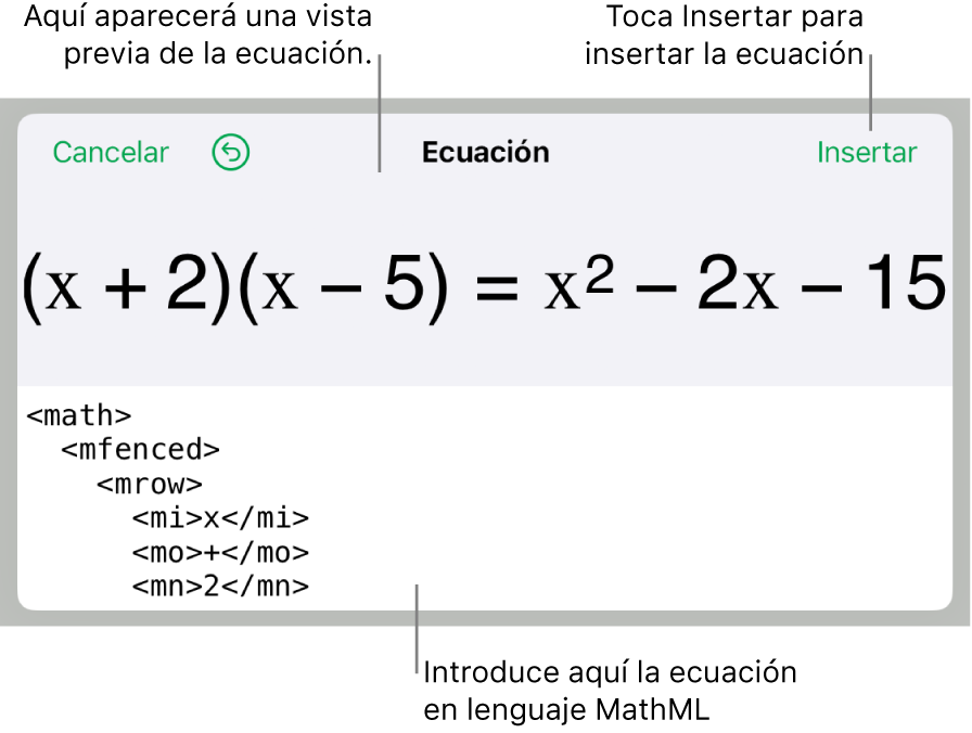 El diálogo Ecuación con una ecuación escrita con comandos de MathML y una previsualización de la fórmula encima.