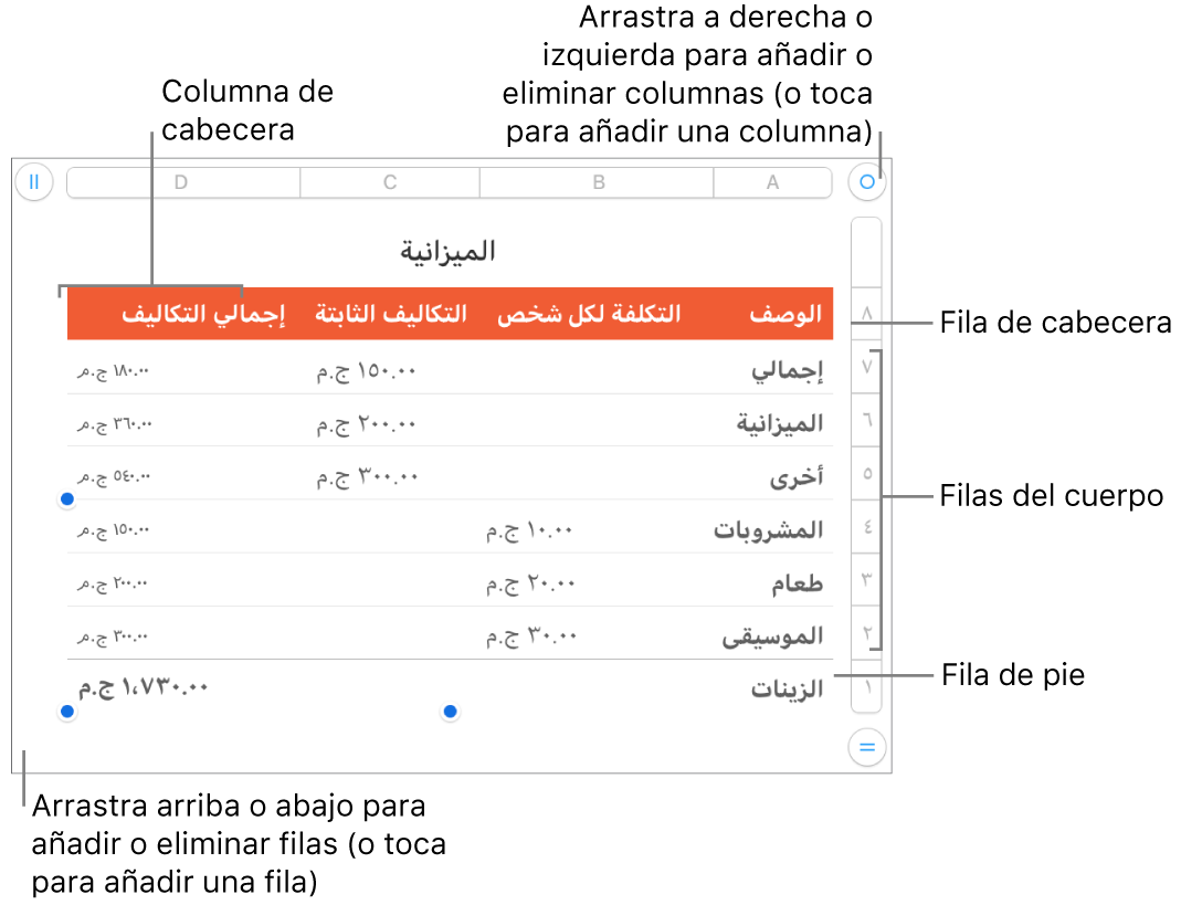 Tabla con filas y columnas de cabecera, cuerpo y pie de página, así como tiradores para añadir o eliminar filas o columnas.