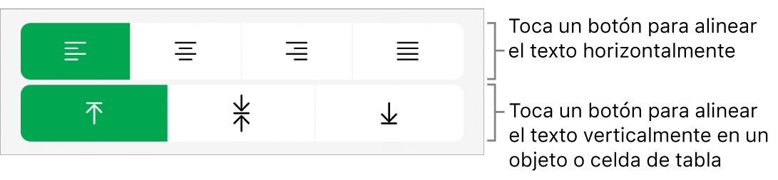 Botones de alineación horizontal y vertical para el texto.