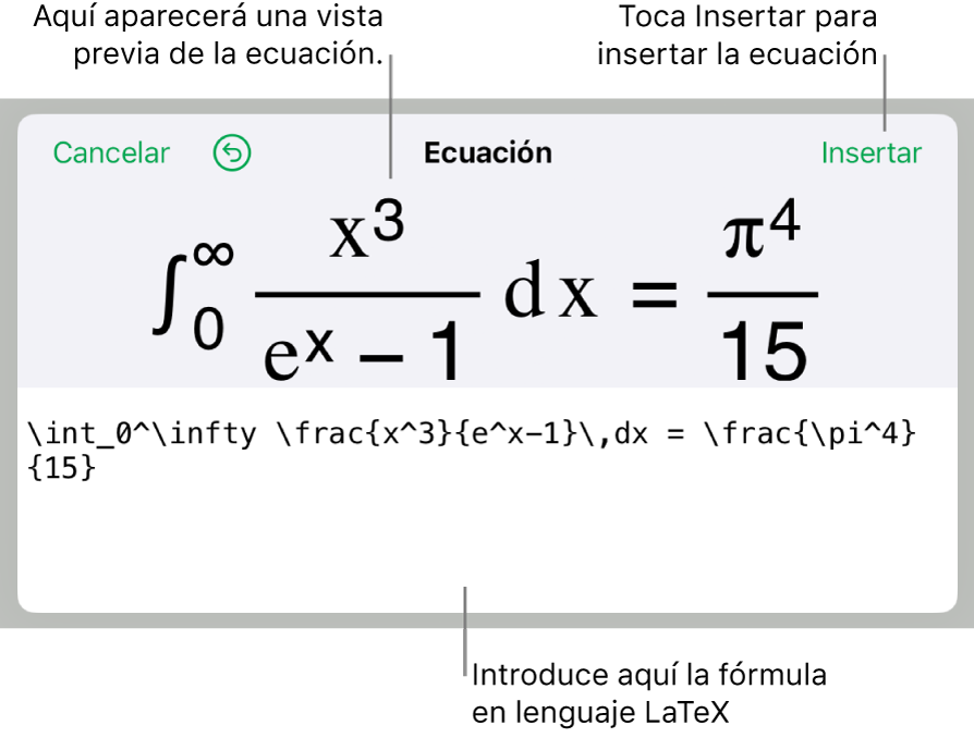 El diálogo Ecuación con una ecuación escrita con comandos de LaTeX y una previsualización de la fórmula encima.