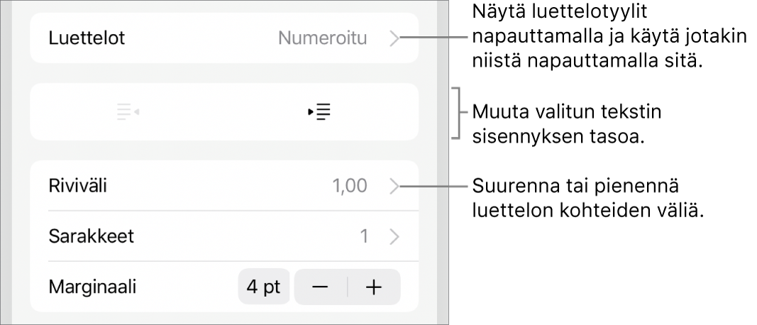 Muoto-säätimien Luettelot-osio, jossa on selitteet Luetteloihin, ulonnus- ja sisennyspainikkeisiin ja rivivälisäätimiin.