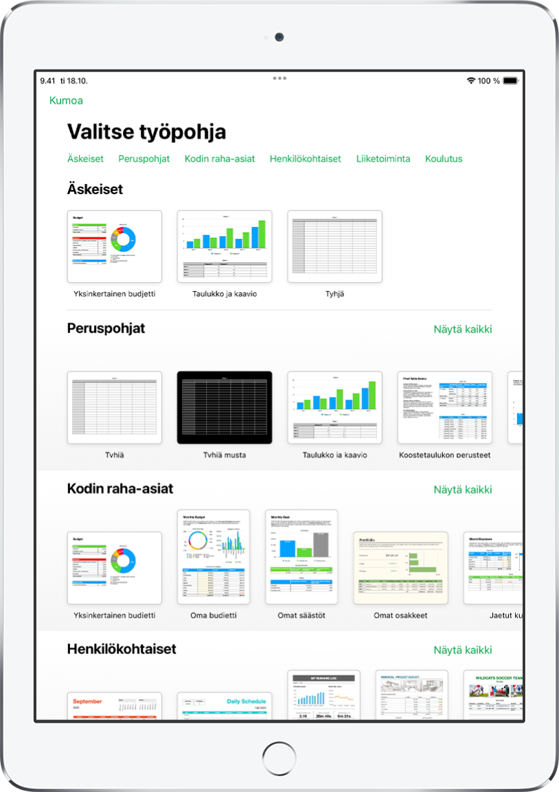 Työpohjan valitsin, jonka yläreunassa näkyy kategorioiden rivi, jota napauttamalla voidaan suodattaa vaihtoehtoja. Alla on esimääritettyjä työpohjia, jotka on järjestetty riveihin kategorian mukaan siten, että yläreunassa ovat äskeiset työpohjat ja niiden alla peruspohjat ja Kodin raha-asiat. Näytä kaikki -painike tulee näkyviin kunkin kategorian yläpuolelle oikealla. Kieli ja alue -painike on oikeassa yläkulmassa.