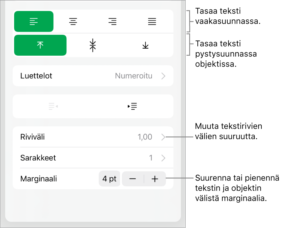 Muoto-inspektorin Asettelu-osio ja tekstin tasaus- ja välistyspainikkeiden selitteet.