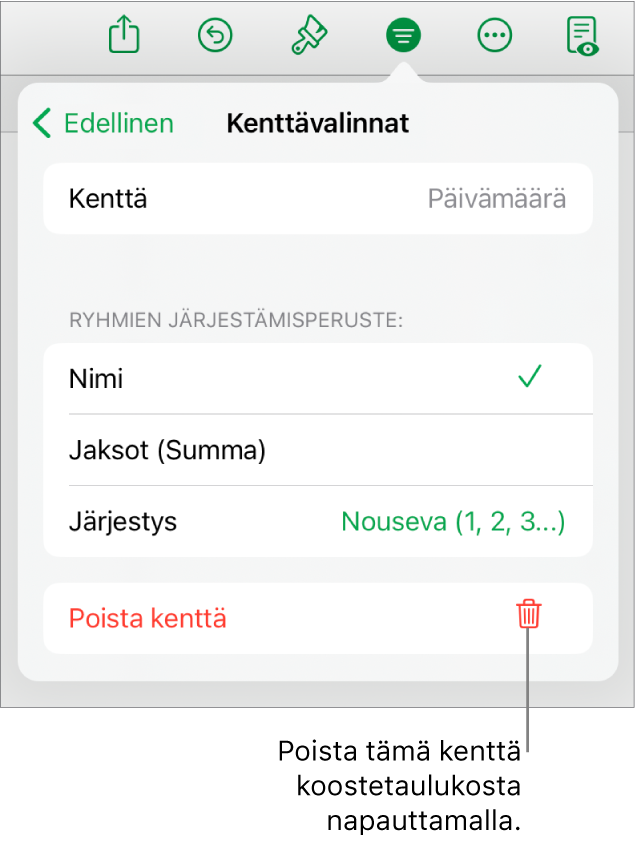 Kenttävalinnat-valikko, jossa näkyvät säätimet datan ryhmittelylle ja järjestämiselle sekä kentän poistamisen valinta.