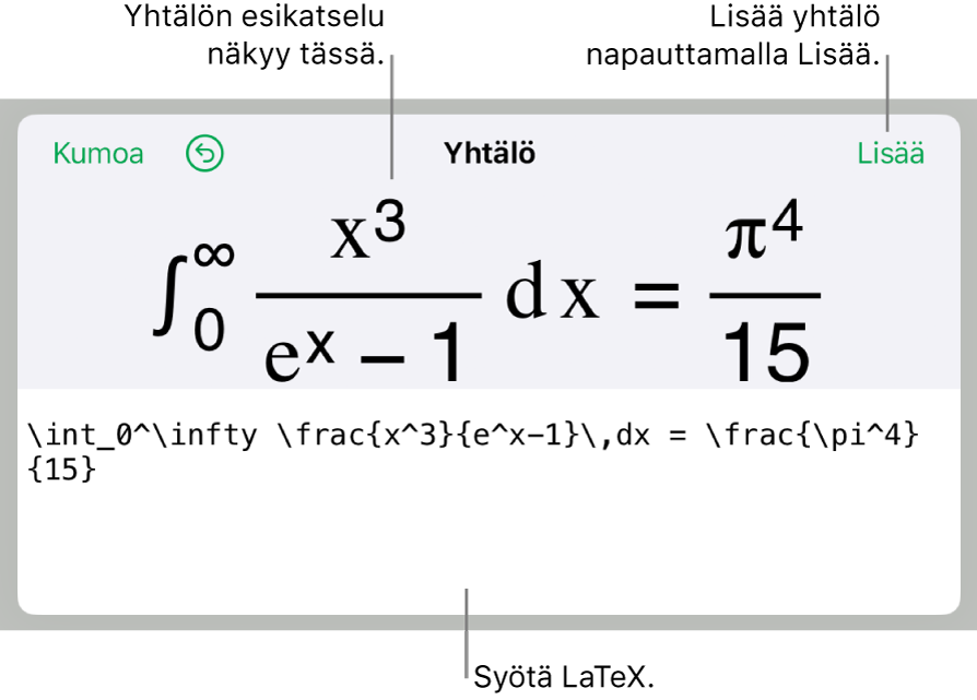 Yhtälö-valintaikkuna, jossa näkyy LaTex-komentoja käyttäen syötetty yhtälö, ja yllä kaavan esikatselu.