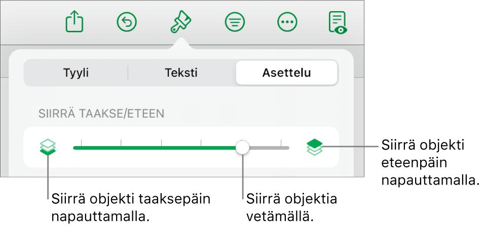 Siirrä taakse -painike, Siirrä eteen -painike ja kerrosliukusäädin.