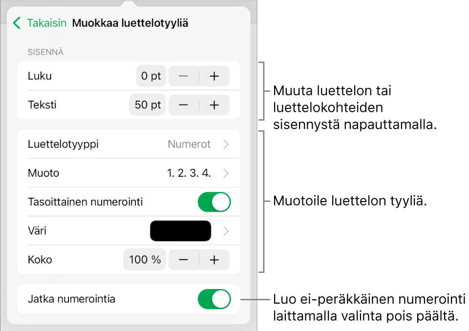 Muokkaa luettelotyyliä -valikko, jossa on säätimet sisennysten välistystä, luettelotyyppiä ja -muotoa, tasoittaista numerointia, luettelon väriä ja kokoa sekä jatkuvaa numerointia varten.