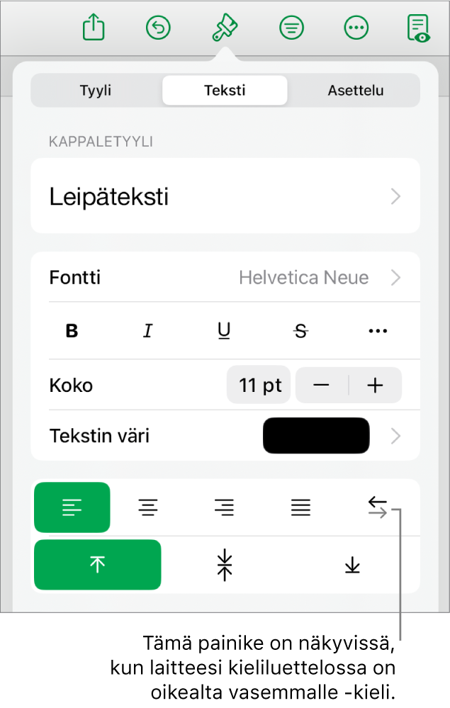 Muoto-painikkeen Tyyli-valikko ja Oikealta vasemmalle -painikkeen selite.