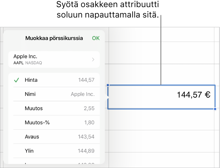 Pörssikurssi-ponnahdusikkuna, jonka yläreunassa näkyy osakkeen nimi ja sen alla luettelo valittavista osakkeen attribuuteista, kuten hinta, nimi, muutos, muutos-%, avaus ja ylin.