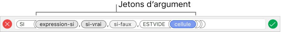 Éditeur de formules affichant une fonction avec des jetons d’argument.