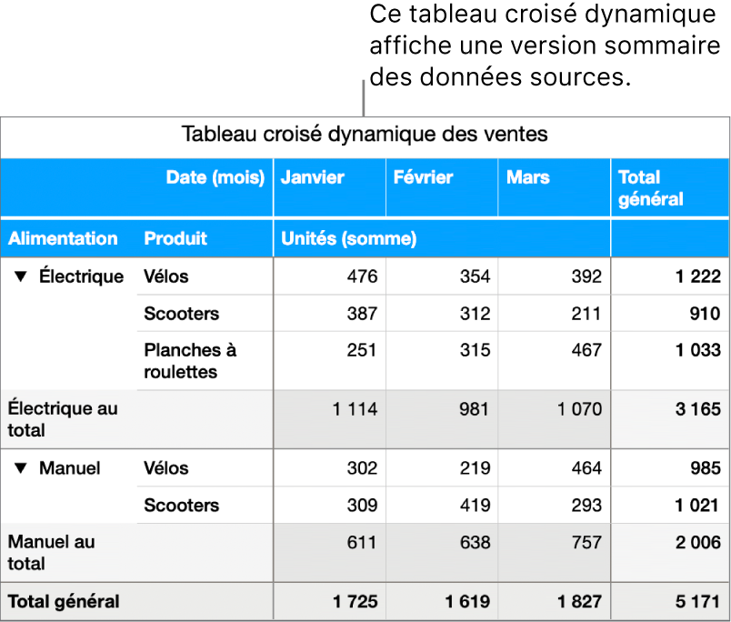 Tableau croisé dynamique affichant des données qui se rapportent à des vélos, trottinettes et planches à roulettes, ainsi que des commandes permettant d’afficher certaines données.