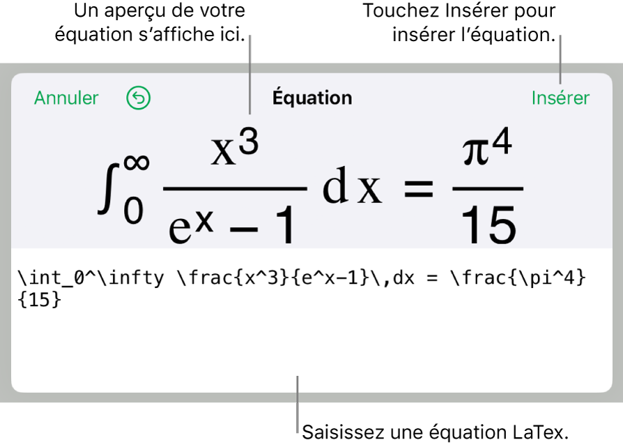 Zone de dialogue Équation, affichant une équation composée à l’aide des commandes LaTex et aperçu de la formule au-dessus.