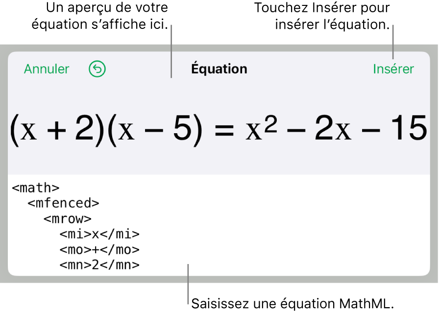 Zone de dialogue Équation, affichant une équation composée à l’aide des commandes MathML, et un aperçu de la formule au-dessus.