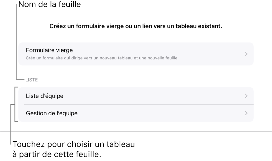 Une liste de tableaux qui se trouve dans la même feuille de calcul, avec l’option pour créer un formulaire vierge en haut.