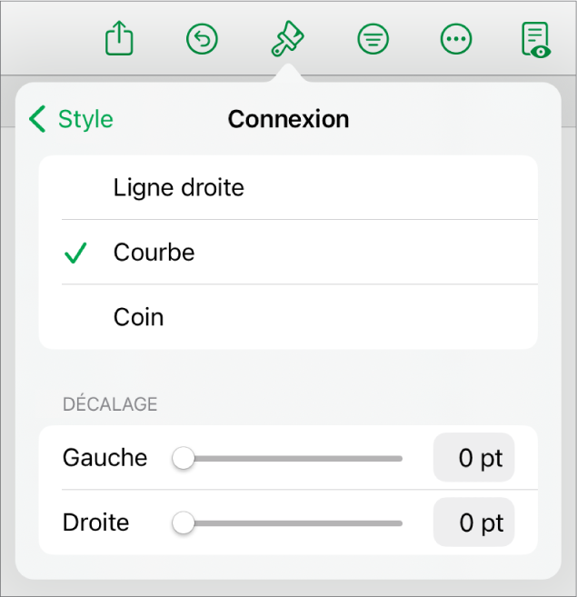 Les commandes Connexion avec l’option Courbe sélectionnée.