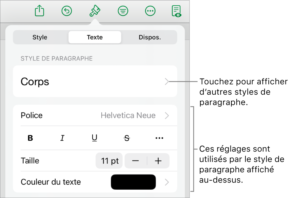 Menu Format montrant les commandes de texte permettant de définir les styles, la police, la taille et la couleur des paragraphes et des caractères.