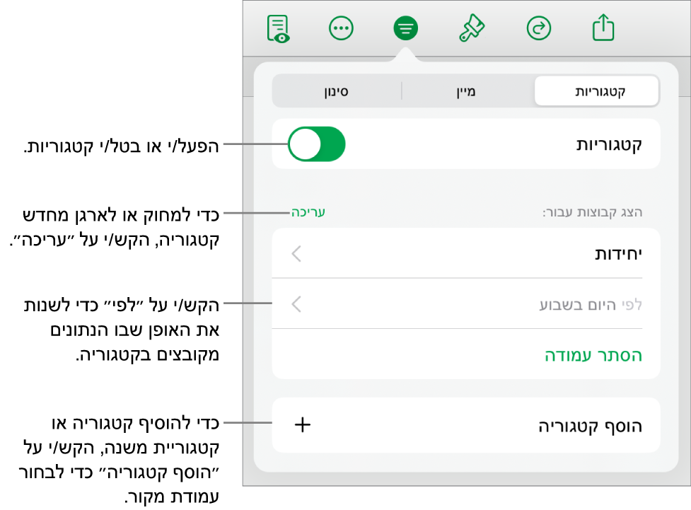 התפריט ״קטגוריות״ ב-iPad עם אפשרויות לביטול קטגוריות, מחיקת קטגוריות, סידור מחדש של נתונים בקבוצות, הסתרת עמודת מקור והוספת קטגוריות.