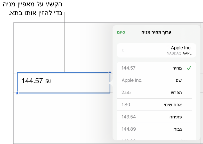 הפריט הקופצני של מחיר מניה, עם שם המניה בחלק העליון ומאפייני מניות שניתן לבחור, כולל מחיר, שם, שינוי, אחוז שינוי, מחיר שיא ופתיחת המסחר, מפורטים מתחת.