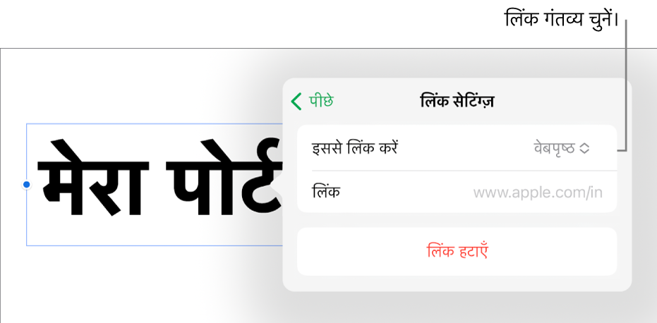 चयनित वेबपृष्ठ के साथ लिंक संपादक नियंत्रण और सबसे नीचे “लिंक हटाएँ” बटन।