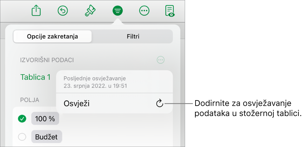 Izbornik Opcije zakretanja prikazuje opciju za osvježavanje zaokretne tablice.