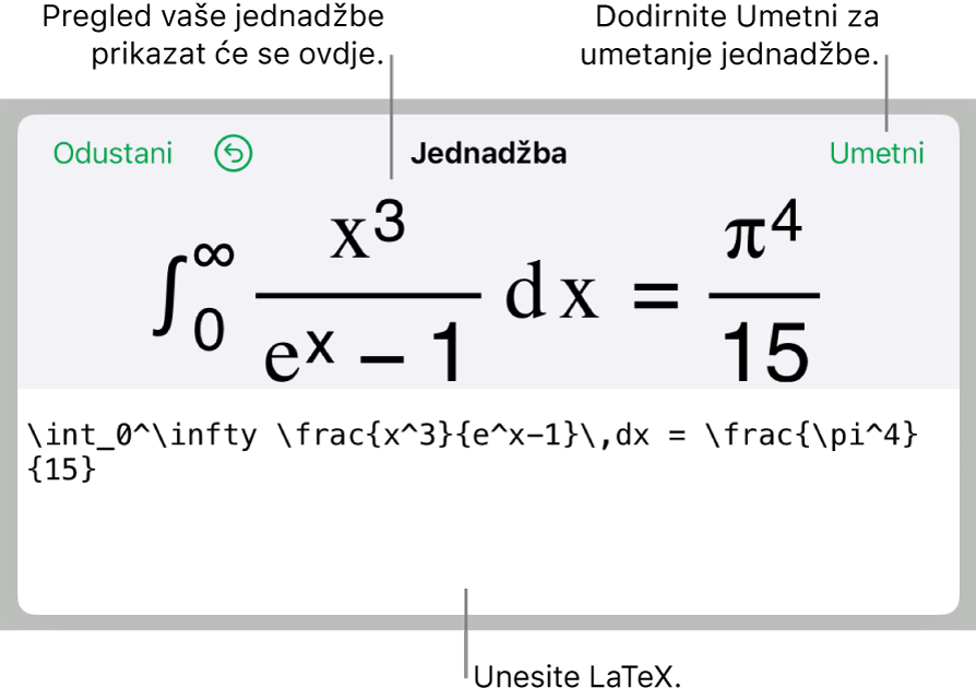 Dijaloški okvir Jednadžba koji prikazuje jednadžbu napisanu korištenjem LaTeX naredbi i prikaz gornje formule.