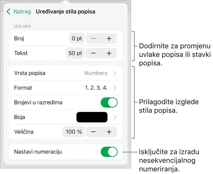 Uredite izbornik Stil popisa s kontrolama za uvučeni razmak, vrstu popisa i format, hijerarhiju brojeva, boju popisa i veličinu te nastavak numeriranja.