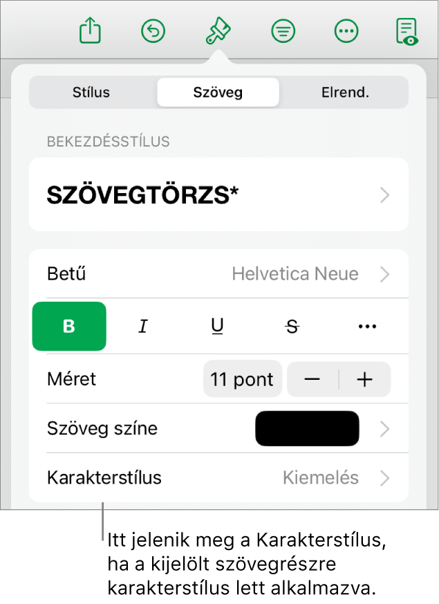 A Szövegformázás vezérlők a Karakterstílussal a Színek vezérlői alatt. A Nincs karakterstílus látható egy csillag szimbólummal.
