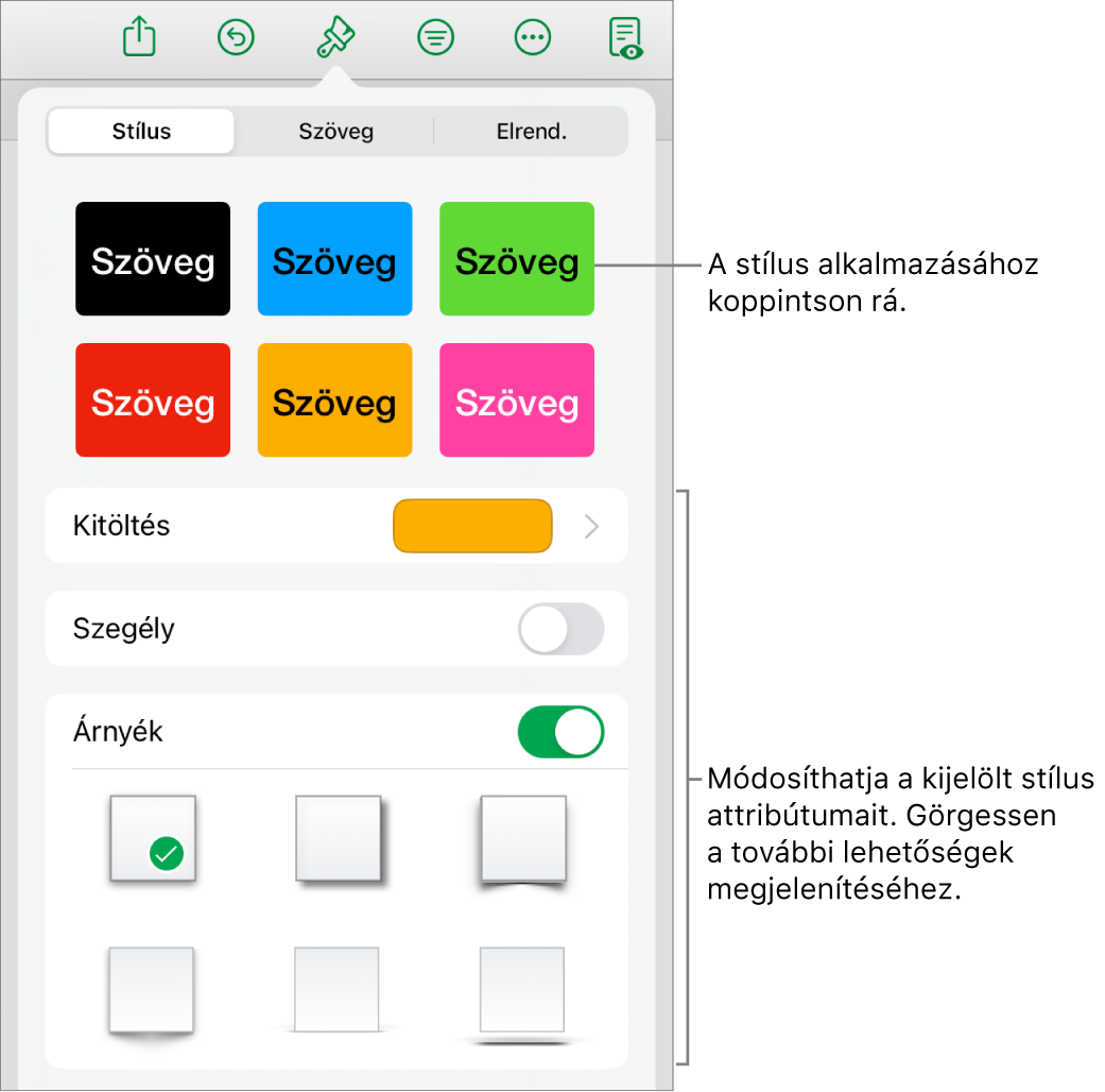 A Formátum menü Stílus lapja, felül az alakzatstílusokkal, alattuk pedig a kitöltés, a szegély és az árnyék módosítására szolgáló vezérlőkkel.
