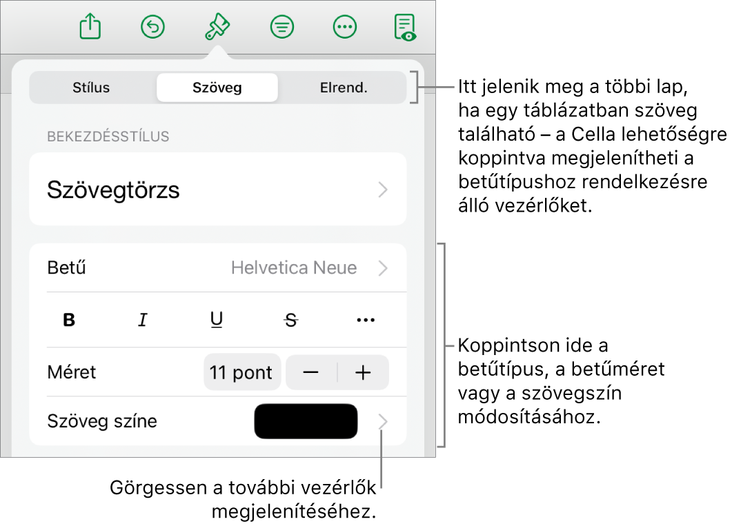 A Formátum menü szövegvezérlői a bekezdés és a karakterek stílusának, betűtípusának, méretének és színének beállításához.