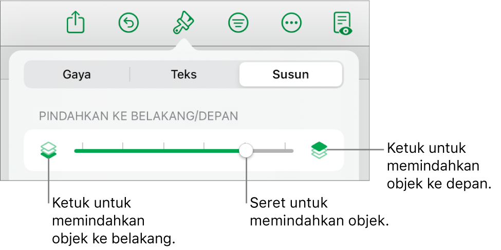 Tombol Pindahkan ke Belakang, tombol Pindahkan ke Depan, dan penggeser lapisan.