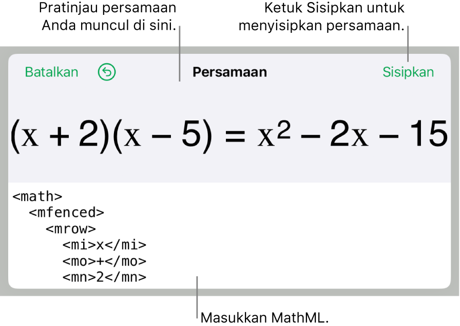 Dialog Persamaan, menampilkan sebuah persamaan ditulis menggunakan perintah MathML, dan pratinjau formula di atas.