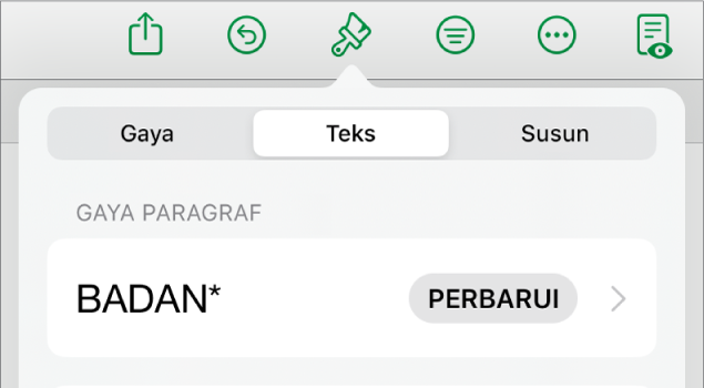 Gaya paragraf dengan asterisk di sampingnya dan tombol Perbarui di sebelah kanan.