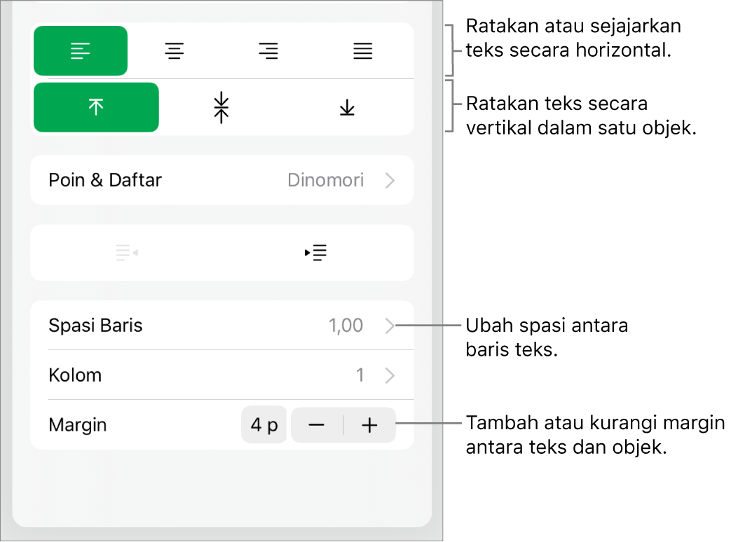 Bagian Tata Letak pada Inspektur format dengan callout pada tombol perataan teks dan spasi.