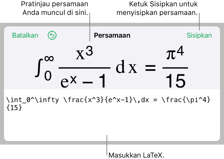 Dialog Persamaan, menampilkan sebuah persamaan ditulis menggunakan perintah LaTex, dan pratinjau formula di atas.