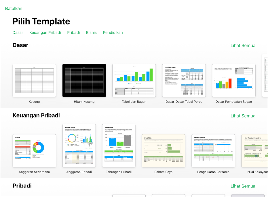 Pemilih template, menampilkan baris kategori di sepanjang bagian atas yang dapat Anda ketuk untuk memfilter pilihan. Di bawah terdapat gambar mini template yang dirancang sebelumnya yang diatur dalam baris menurut kategori.