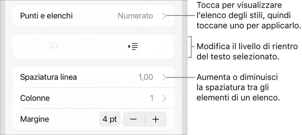 La sezione “Elenchi puntati” dei controlli di Formato, con didascalie per “Elenchi puntati”, i pulsanti per aumentare e ridurre il rientro e i controlli di “Spaziatura linea”.