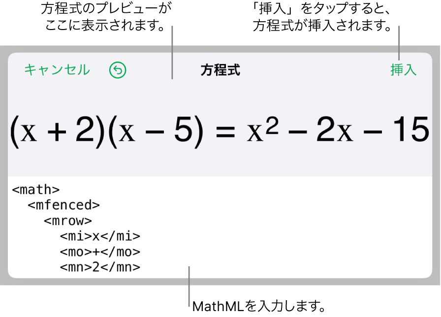 「方程式」ダイアログ。MathMLコマンドを使用して書き込まれた方程式が表示され、その上に公式のプレビューが表示されています。